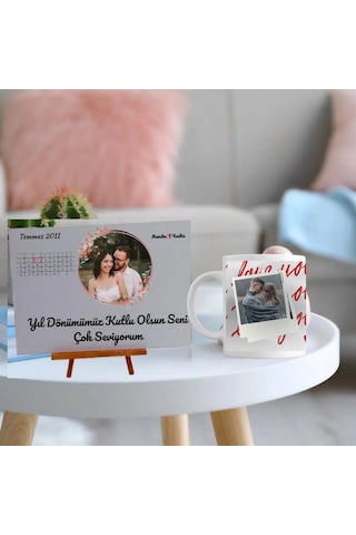 Kişiye Özel Fotoğraf Baskılı Romantik Hediye Seti - Anı Takvimi & Polaroid Kupa