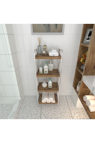 Sahra Krom 4 Katlı Ahşap Raf Banyo Köşe Rafı Düzenleyici Organize Krom
