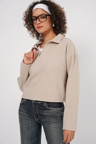 Bigdart 55449 Fermuarlı Yaka Örme Sweatshirt - Krem
