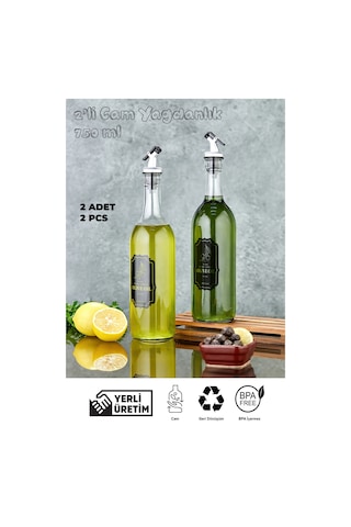 Cam Yağdanlık, Zeytinyağı Sıvı Yağ Şişesi 750 Ml - 2 Adet - Yeşil Açık Yeşil