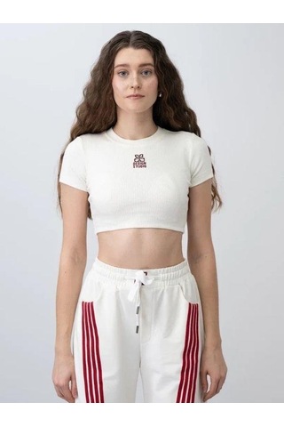 Zekids Kız Çocuk Fitilli Yarım Kollu Crop T-shirt-15799 Krem Bordo