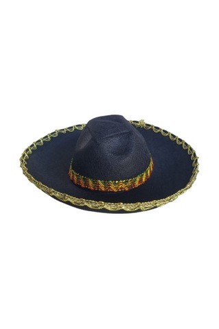 Meksika Mariachi Latin Şapkası Lüks 41cm Siyah Zemin Üstüne Altın Sim Kenarlıklı Parti Kostümü