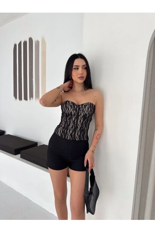 Etiler Collection Fermuarlı Dantel Korse Straplez Bustiyer Transparan Şık Top - Bej