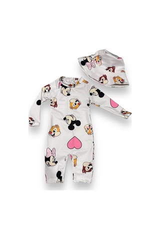 Unisex Çocuk Mayo Yarım Vücut Güneş Koruma Hassas Ten Sevimli Mickey Baskı Desen Mayo Şapka Hediyeli Ekru