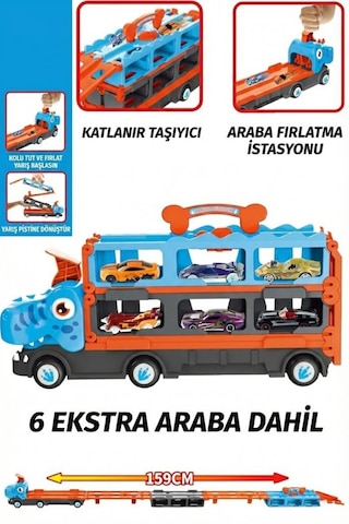 Dönüşebilen Oyuncak Tır Ve 159 Cm Yarış Pisti 6 Adet Spor Araba Hediyeli Fırlatıcılı Garaj Seti Çok Renkli