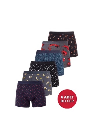 Terrien Özel Üretim 6'lı Paket Erkek Desenli Boxer Pamuklu Likralı Esnek Kumaş Konfor Günlük Basic