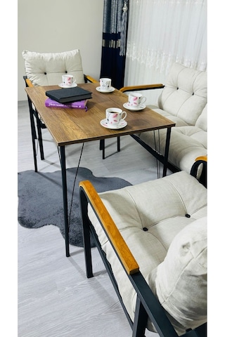 Madame Home Kadife Balkon, Bahçe,teras,cafe - Salon - Metal Kanepe Koltuk Takımı - 2+1+1 + Masa Krem