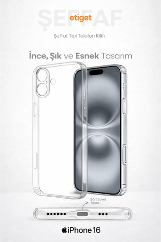 Apple Uyumlu iPhone 16 Şeffaf Silikon Kılıf Şarj Yeri Tıpalı, Kaymaz Kenarlı Şeffaf