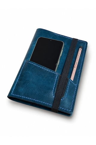 Bilikolik Hakiki Deri A5 Defter Kılıfı, El Yapımı, Telefon Cepli Ajanda Organizer, Defter Ve Kalem Dahil Mavi