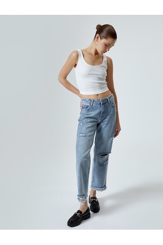 Koton Düz Paça Yırtık Kot Pantolon Pamuklu Standart Bel - Eve Jean Orta İndigo 4sal40034md 4SAL40034MDMID İndigo