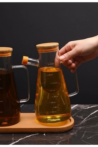 Bambu Kapaklı Vakumlu Borosilikat 3'lü Set Cam Yağdanlık Set Yağlık Sirkelik Bambu Altlık Çok Renkli