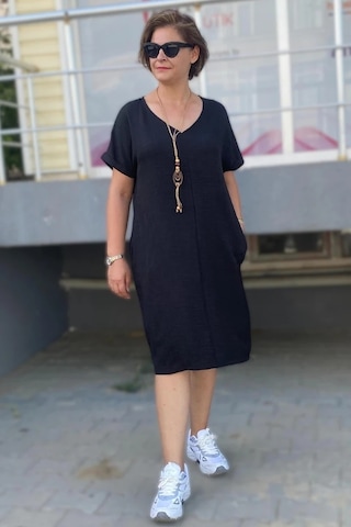 Mia Butik Büyük Beden Siyah Kolye Hediyeli Salaş Elbise Siyah