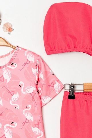 Beniizle Volan Etekli Boneli Kız Çocuk Üçlü Mayo Set Flamingo