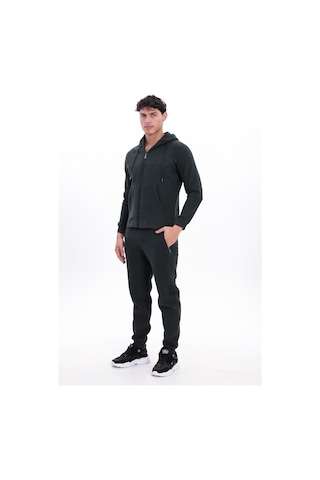 Rowinger 3 İplik Kalın Dokulu Parçalı Görünümlü Kapüşonlu Tam Fermuarlı Erkek Sweatshirt Darkgreen