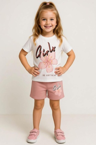 Riccotarz Kız Çocuk Üzeri Girl Yazı Ve Lale Detaylı T-shirt Pudra Şortlu Takım
