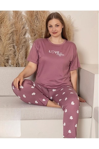 Charme Kadın Büyük Beden Bisiklet Yaka Milan Likralı Kısa Kol Pijama Takımı K601/242 - 1 Adet Gülkurusu