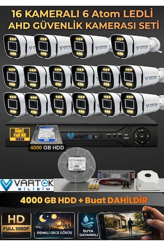 16 Kameralı 6 Atom Led Gece Renkli Görüşlü Güvenlik Kamerası Seti + 4 Tb Hdd