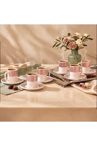Aryıldız Nova 12 Parça 6 Kişilik Kahve Fincan Takımı Pembe 90 Ml Çok Renkli