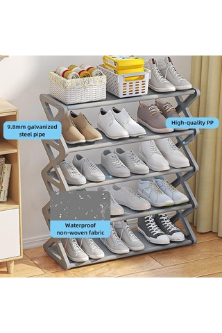 Jms 5 Katmanlı Ayakkabı Rafı X Şekli Ayakkabı Organizatörü Toz Geçirmez Depolama Rafı Galvanizli Çelik Kumaş Siyah