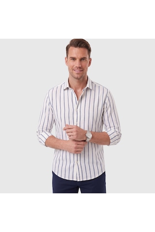 Deepsea Erkek %100 Pamuk Slim Fit Dar Kesim Keten Dokulu Çizgili Uzun Kollu Lacivert Gömlek 2600034