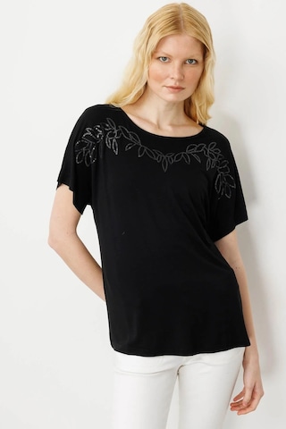 Desen Triko Kadın Sıfır Yaka Boncuk İşlemeli Penye T-shirt 25859 Siyah Siyah