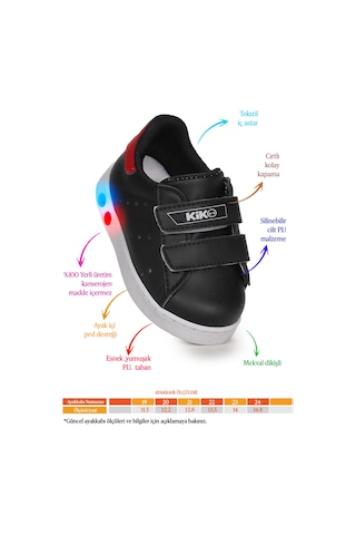Kiko Kids Royzo Cırtlı Işıklı Kız Çocuk Spor Ayakkabı Siyah - Kırmızı Siyah - Kırmızı