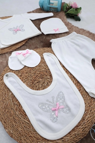 Sema Baby 5 Parça Hastane Çıkışı Zıbın Seti 0-3 Ay - Pink Butterfly Beyaz