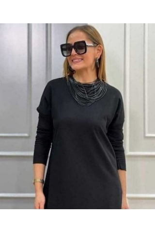 Drgy Giyim Kadın Uzun Kollu Bisiklet Yaka Etek Ucu Deri Dantelli Viskon Iki Iplik Midi Elbise Siyah