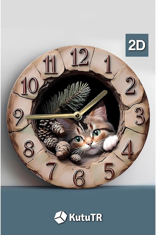 Kututr Patili Dostlarınız İçin Patili Saat Kedi Temalı Doğal Duvar Saati Sdw007