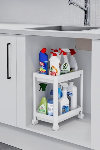 Sas Haus Flex Elite Pro 2 Katlı Beyaz Tekerlekli Çok Amaçlı Banyo & Mutfak Düzenleyici Raf - Evye Altı Raf Beyaz 4 Diğer