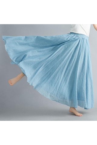 Yaz Sonbahar Kadın Etek Edebi Büyük Boy Pamuk Keten Yarım Etek Elastik Bel Keten A-line Etek Uzun Bölüm Saf Renk Rüzgar Salıncak Etek Açık Mavi