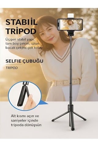 Bluetooth Kumandalı Tripod Telefon Tutuculu Selfie Çubuğu Telefon, Kamera, Lamba, Yayın Standı