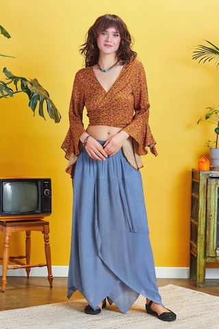 Bohem Tarz Katlı Salaş Beli Lastikli Uzun Etek İndigo