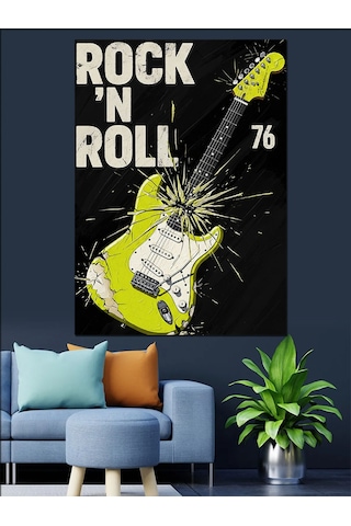 Ahşap Tablo Neon Yeşil Elektrogitar Rock'n Roll Afişi