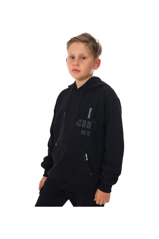 Erkek Çocuk Kapüşonlu Kanguru Cepli Can't Do It Yazılı Sweatshirt-13386-siyah Siyah