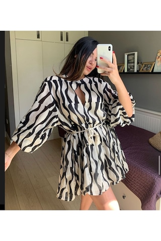 Lava Design Zebra Desenli Kemerli Zra Elbise siyah