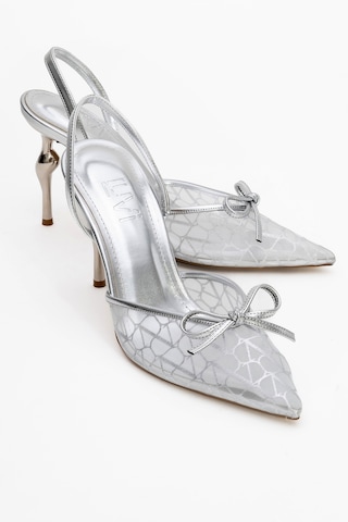 Luvishoes Luvi Shoes Peony Gümüş Fileli Fiyonklu Sivri Burun Kadın Topuklu Ayakkabı Gümüş