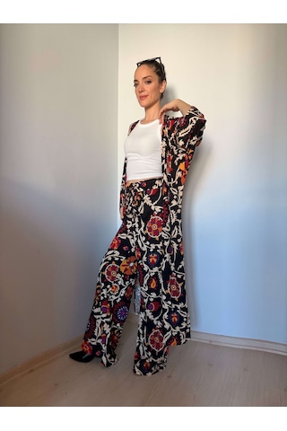 Ali Butik Siyah Etnik Desenli Kimono Pantolon Takım Siyah