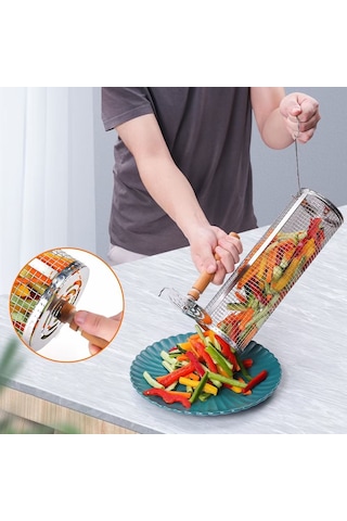 Yükseltme Flip-top Kapaklı Barbekü Kafesi Paslanmaz Çelik Tekerlekli Izgara Sepeti Ahşap Saplı Küçük Çok Renkli