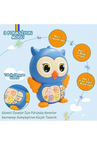 Sevimli Baykuş - Işıklı Sesli Müzikli Eğitici Bebek Oyuncağı Piyanousu 3 Mod & Hayvan Sesli