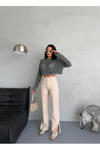 Bej Denım Kumaş Yırtmaç Detaylı Wide-leg Pantolon Bej
