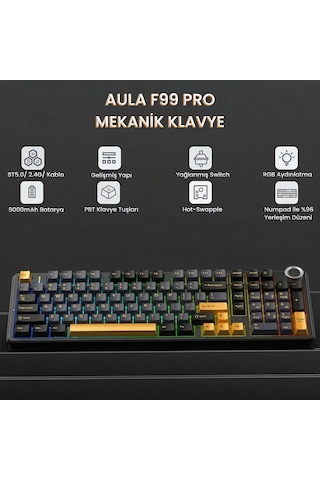 Aula F99 Pro 3 Modlu Rgb Hot Swap Mekanik Star Vector Switch Kablosuz Makrolu Klavye Siyah