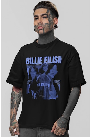 Sevbano Billie Eilish Şarkıcı Baskılı Unisex Oversize Tişört Siyah