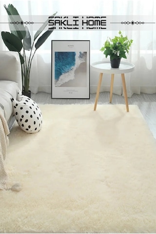 Krem Post Peluş Yumuşak Yıkanabilir Kaymaz Dot Taban Salon Koridor Çocuk Halısı Krem