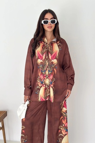 Saten Kumaş Desenli Takım Kahverengi Kahverengi