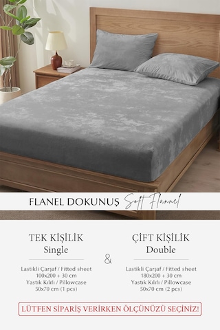 Süper Yumuşak Flanel Kadifemsi Peluş Lastikli Fitted Çarşaf Seti Kaymaz Tek/çift Kişilik Gri