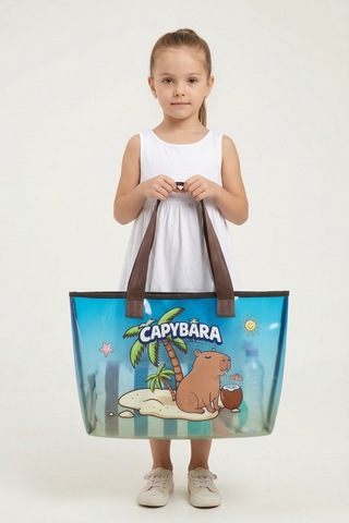 Capybara Figürlü Plaj Çantası Şeffaf Yüzeyli, Geniş Hacimli MAvi