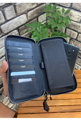 Guard Çift Fermuarlı Lacivert Hakiki Deri El Çantası Erkek / Kadın P3031 Lacivert