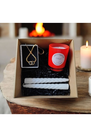 Denic Hediye Seti Kokulu Kırmızı Bardak Mum Halka Kolye Beyaz Burgulu Mum