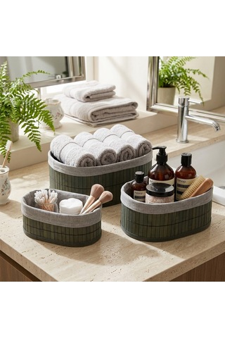 İbico İ22-330 Bambu Kenarlı Oval Organizer Sepet 3'lü Set - Gri Bezli Ahşap Altlıklı
